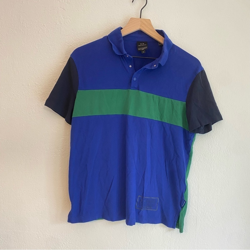 Armani Exchange Blue and Green Polo Shirt Sporty Color-Block Design‎
